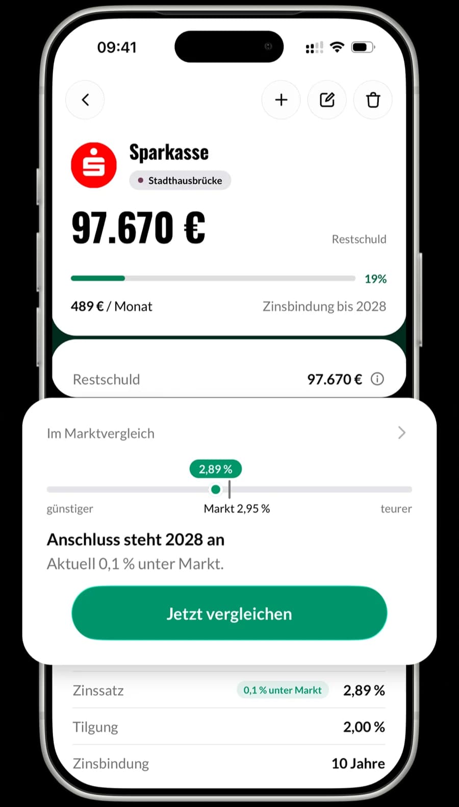 PropertyPilot App: Finanzierungs-Detail mit Restschuld, Zinsbindung und Marktvergleich