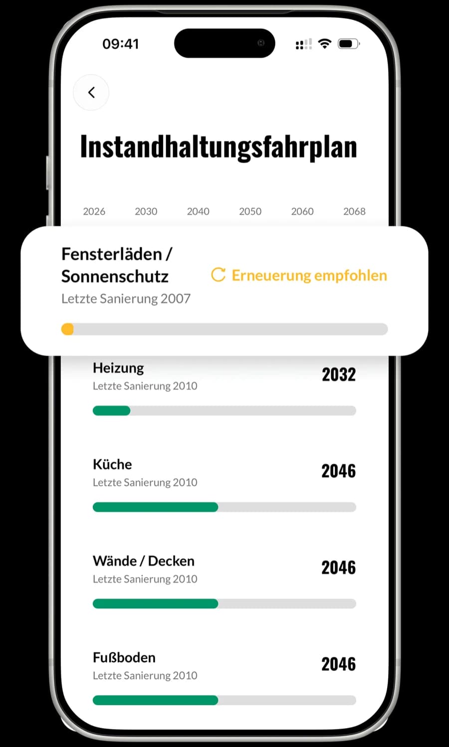 PropertyPilot App: Instandhaltungsfahrplan mit Sanierungs-Zeitachse pro Bauteil