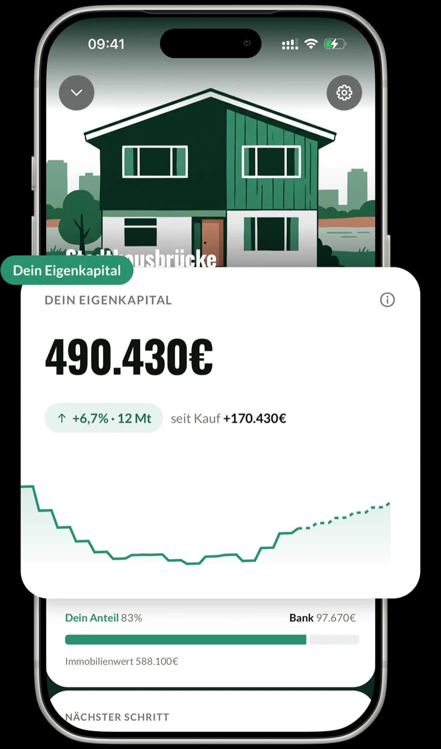 PropertyPilot App: Immobilien-Akte mit Eigenkapital-Karte und Wertverlauf
